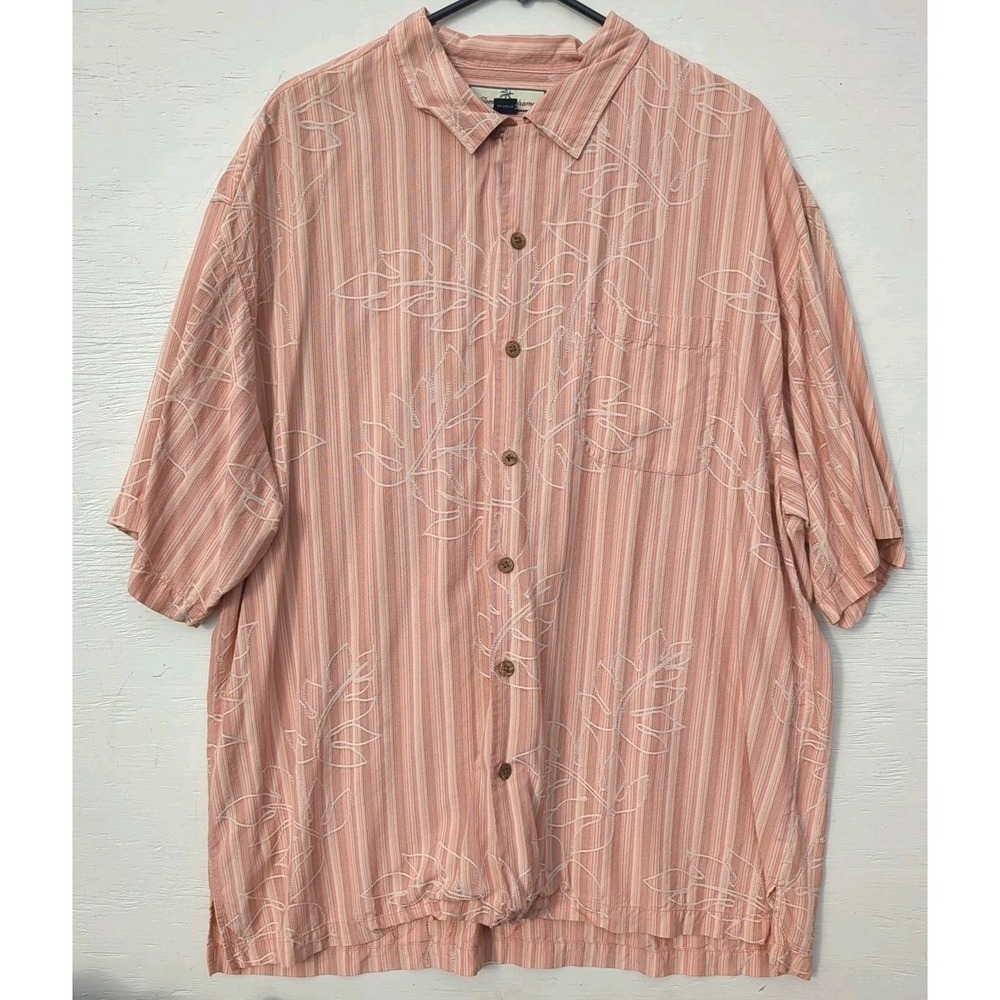 100% Silk Mems XL Tommy Bahama Bossa Nova Stripels Flower Overlay Peach Stripes